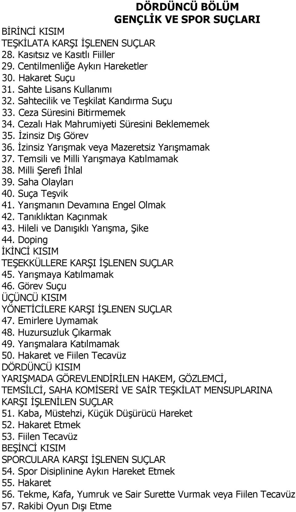 Temsili ve Milli Yarışmaya Katılmamak 38. Milli Şerefi İhlal 39. Saha Olayları 40. Suça Teşvik 41. Yarışmanın Devamına Engel Olmak 42. Tanıklıktan Kaçınmak 43. Hileli ve Danışıklı Yarışma, Şike 44.