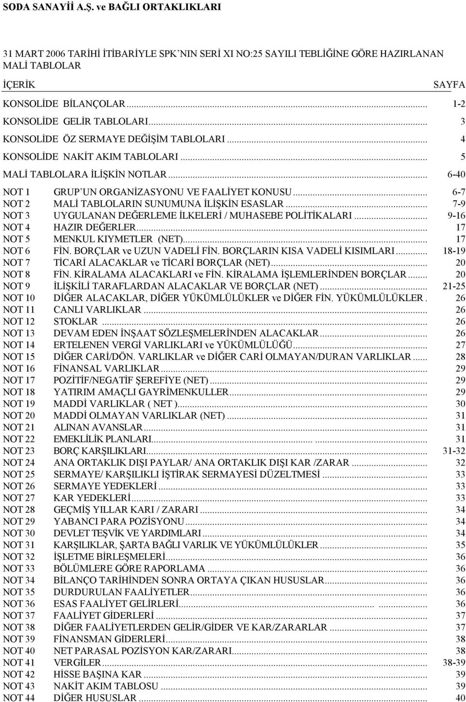 .. 6-7 NOT 2 MALİ TABLOLARIN SUNUMUNA İLİŞKİN ESASLAR... 7-9 NOT 3 UYGULANAN DEĞERLEME İLKELERİ / MUHASEBE POLİTİKALARI... 9-16 NOT 4 HAZIR DEĞERLER... 17 NOT 5 MENKUL KIYMETLER (NET)... 17 NOT 6 FİN.