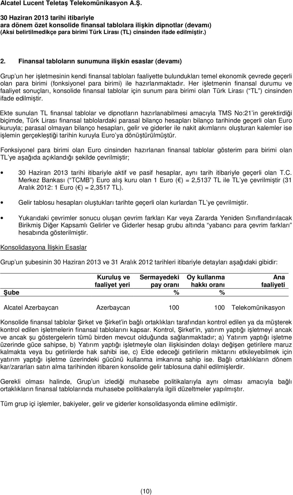 Ekte sunulan TL finansal tablolar ve dipnotların hazırlanabilmesi amacıyla TMS No:21 in gerektirdiği biçimde, Türk Lirası finansal tablolardaki parasal bilanço hesapları bilanço tarihinde geçerli
