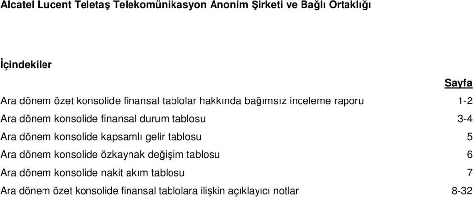 tablosu 3-4 Ara dönem konsolide kapsamlı gelir tablosu 5 Ara dönem konsolide özkaynak değişim tablosu 6