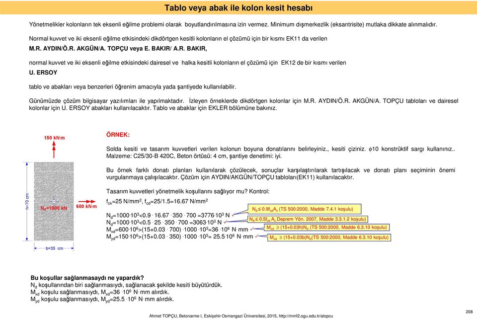 AYDIN/Ö.R. AKGÜN/A. TOPÇU veya E. BAKIR/ A.R. BAKIR, noral kuvvet ve iki eksenli eğile etkisindeki dairesel ve halka kesitli kolonların el çözüü için EK1 de bir kısı verilen U.