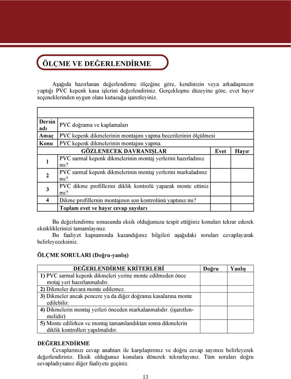 Dersin PVC doğrama ve kaplamaları adı Amaç PVC kepenk dikmelerinin montajını yapma becerilerinin ölçülmesi Konu PVC kepenk dikmelerinin montajını yapma GÖZLENECEK DAVRANIŞLAR Evet Hayır 1 PVC sarmal