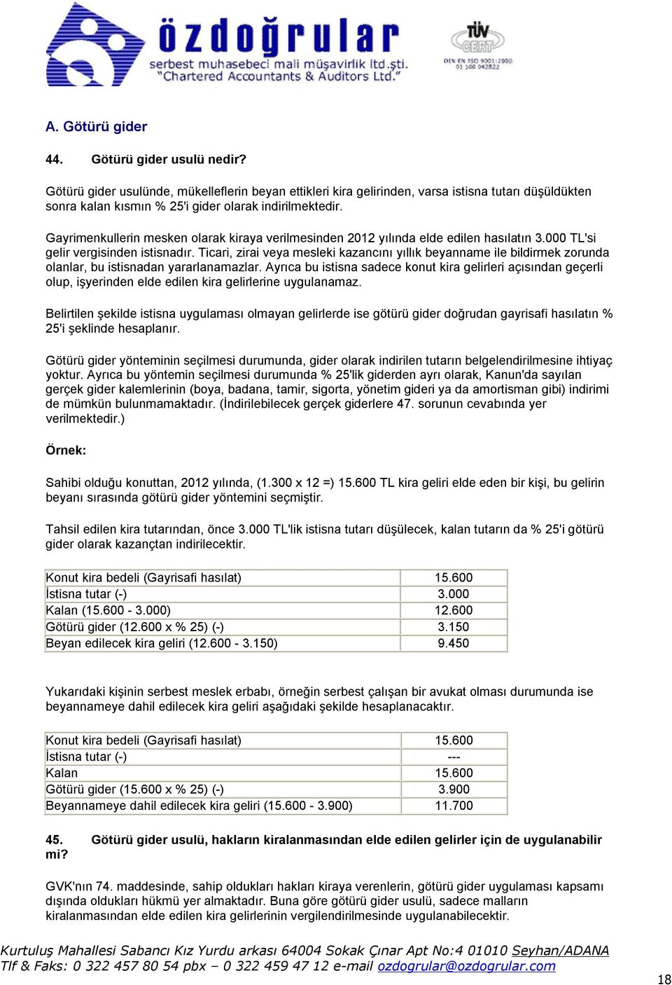 Gayrimenkullerin mesken olarak kiraya verilmesinden 2012 yılında elde edilen hasılatın 3.000 TL'si gelir vergisinden istisnadır.