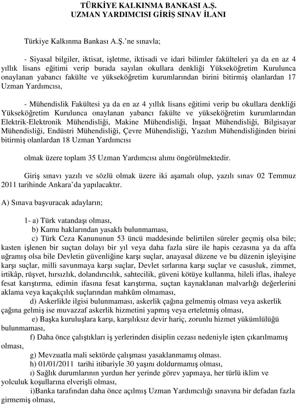 SINAV İLANI Türkiye Kalkınma Bankası A.Ş.