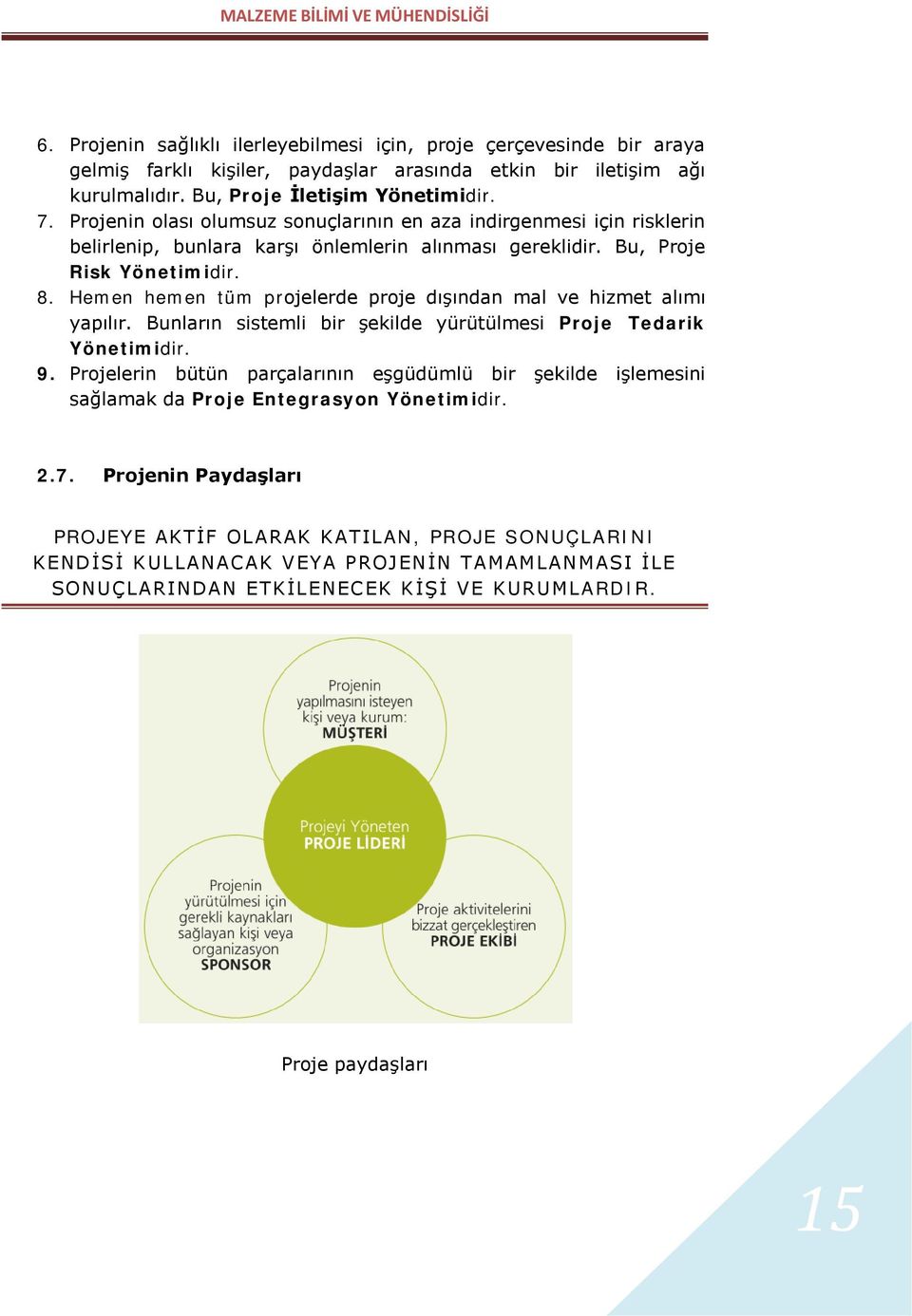 Hemen hemen tüm projelerde proje dışından mal ve hizmet alımı yapılır. Bunların sistemli bir şekilde yürütülmesi Proje Tedarik Yönetimidir. 9.