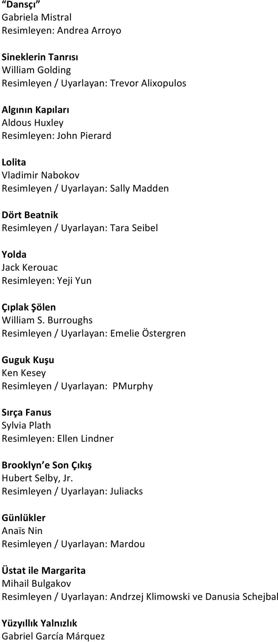 Burroughs Resimleyen / Uyarlayan: Emelie Östergren Guguk Kuşu Ken Kesey Resimleyen / Uyarlayan: PMurphy Sırça Fanus Sylvia Plath Resimleyen: Ellen Lindner Brooklyn e Son Çıkış Hubert Selby, Jr.