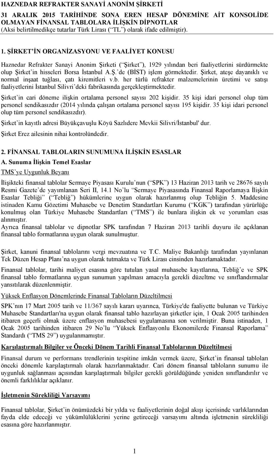 Şirket in cari döneme ilişkin ortalama personel sayısı 202 kişidir. 35 kişi idari personel olup tüm personel sendikasızdır (2014 yılında çalışan ortalama personel sayısı 195 kişidir.