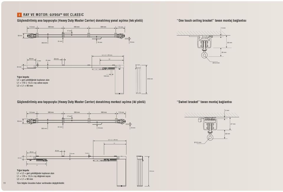 5 mm 34 mm Yığın boyutu L2 = geri çekildiğinde kaplanan alan L1 = 170 + 13,5 x ray askısı sayısı L2 = L1 + 90 mm 13.