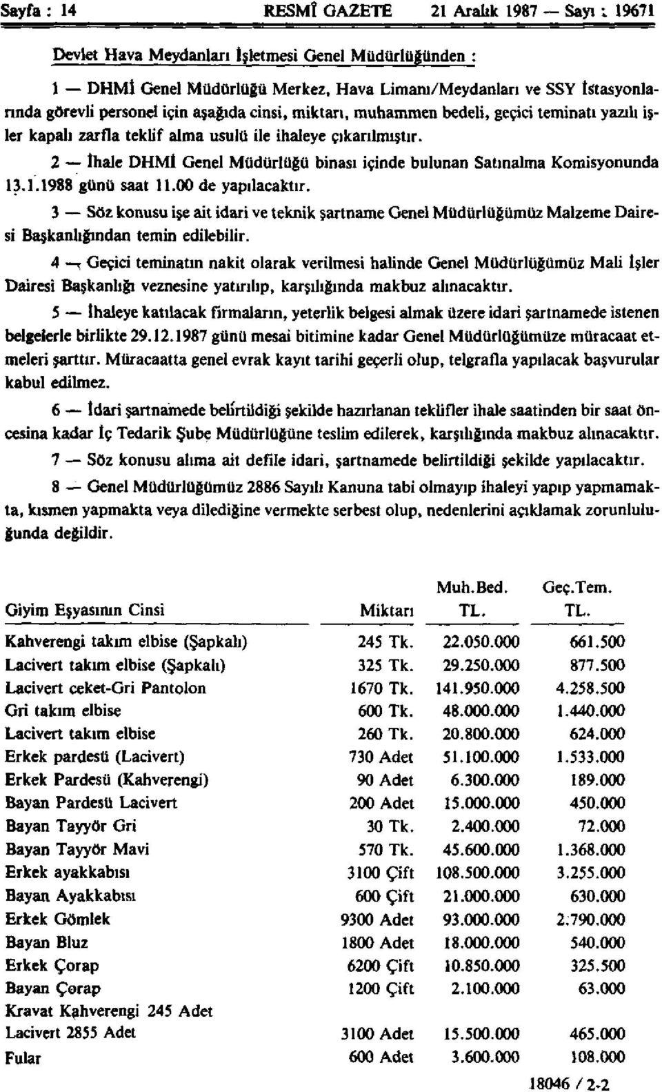 2 İhale DHMİ Genel Müdürlüğü binası içinde bulunan Satmalına Komisyonunda 13.1.1988 günü saat 11.00 de yapılacaktır.