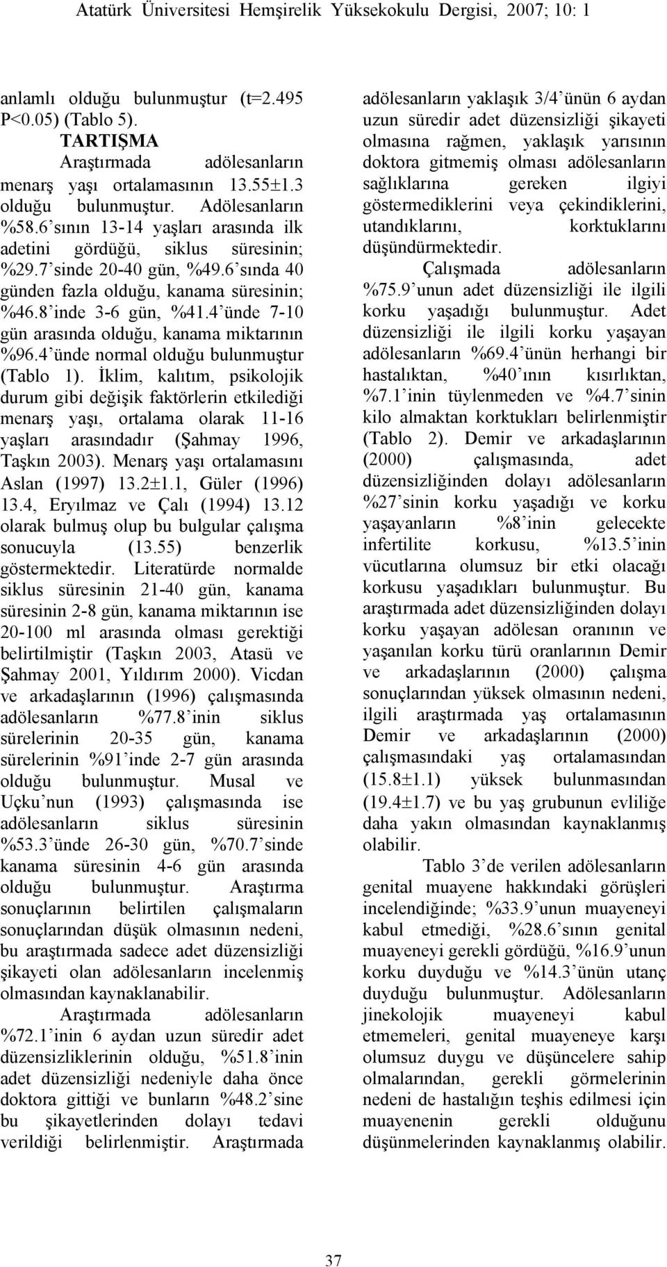 4 ünde 7-10 gün arasında olduğu, kanama miktarının %96.4 ünde normal olduğu bulunmuştur (Tablo 1).