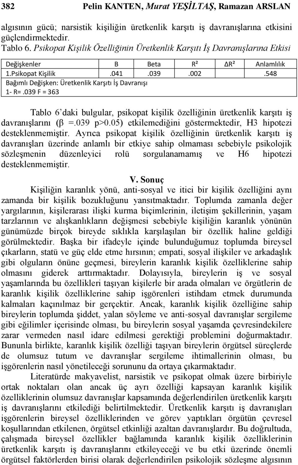 039 F = 363 Tablo 6 daki bulgular, psikopat kiģilik özelliğinin üretkenlik karģıtı iģ davranıģlarını (β =.039 p>0.05) etkilemediğini göstermektedir, H3 hipotezi desteklenmemiģtir.