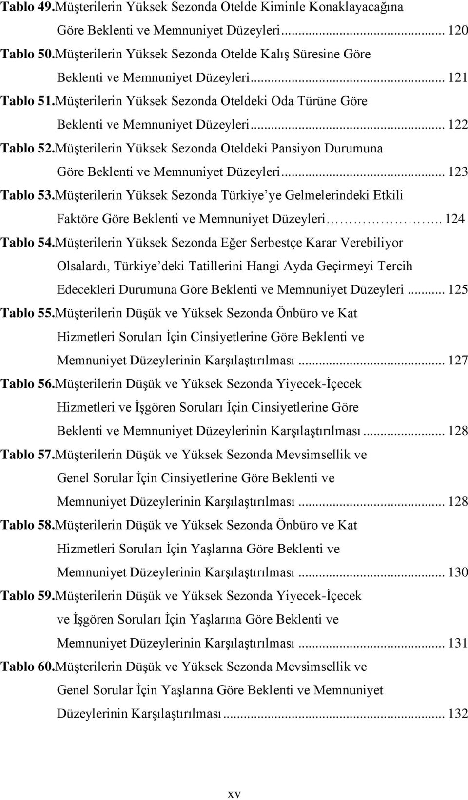 .. 122 Tablo 52.MüĢterilerin Yüksek Sezonda Oteldeki Pansiyon Durumuna Göre Beklenti ve Memnuniyet Düzeyleri... 123 Tablo 53.