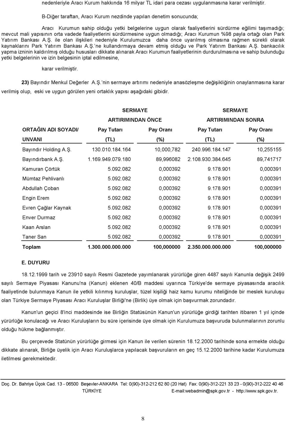 ile olan ilişkileri nedeniyle Kurulumuzca daha önce uyarılmış olmasına rağmen sürekli olarak kaynaklarını Park Yatırım Bankası A.Ş.