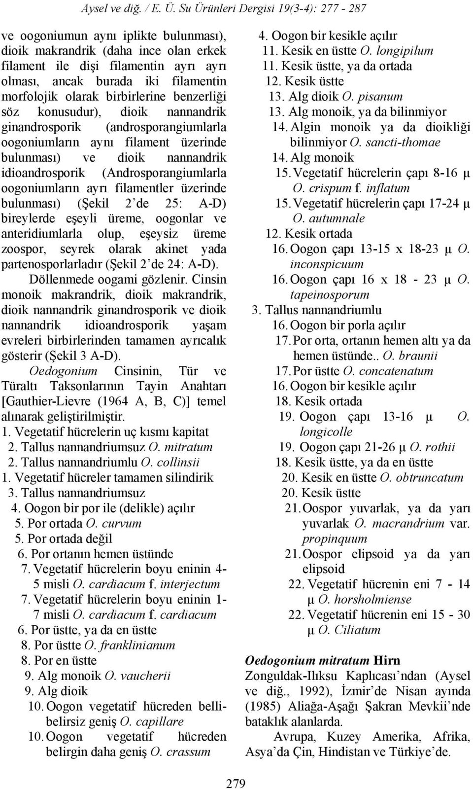 filamentler üzerinde bulunması) (Şekil 2 de 25: A-D) bireylerde eşeyli üreme, oogonlar ve anteridiumlarla olup, eşeysiz üreme zoospor, seyrek olarak akinet yada partenosporlarladır (Şekil 2 de 24: