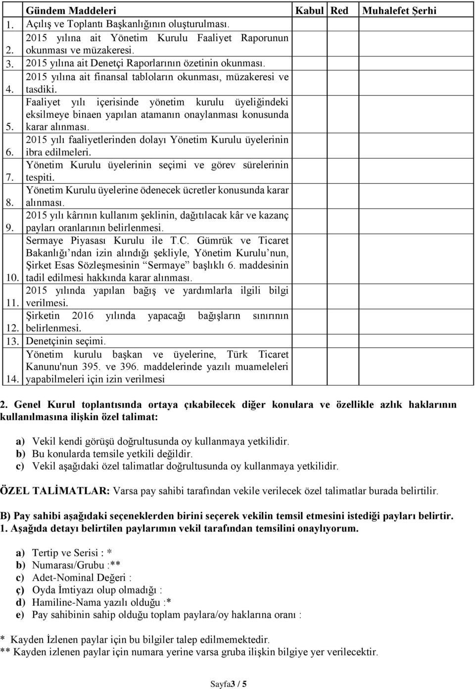 Faaliyet yılı içerisinde yönetim kurulu üyeliğindeki eksilmeye binaen yapılan atamanın onaylanması konusunda 5. karar alınması. 2015 yılı faaliyetlerinden dolayı Yönetim Kurulu üyelerinin 6.