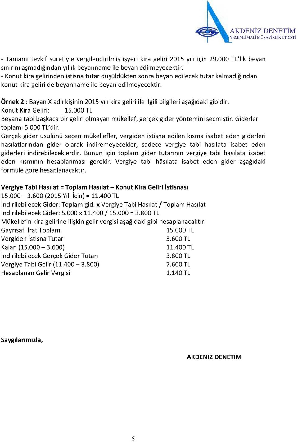 Örnek 2 : Bayan X adlı kişinin 2015 yılı kira geliri ile ilgili bilgileri aşağıdaki gibidir. Konut Kira Geliri: 15.