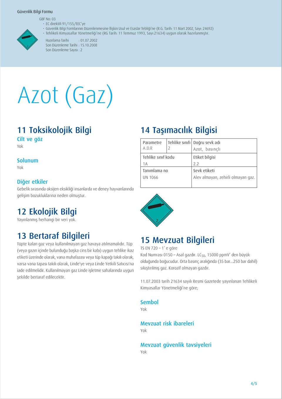 zenleme Tarihi : 15.10.008 Son Düzenleme Say s : 11 Toksikolojik Bilgi Cilt ve göz 14 Taş mac l k Bilgisi Parametre A.D.R Tehlike s n f Doğru sevk ad Azot, basınçlı Diğer etkiler Gebelik sırasında oksijen eksikliği insanlarda ve deney hayvanlarında gelişim bozukluklarına neden olmuştur.