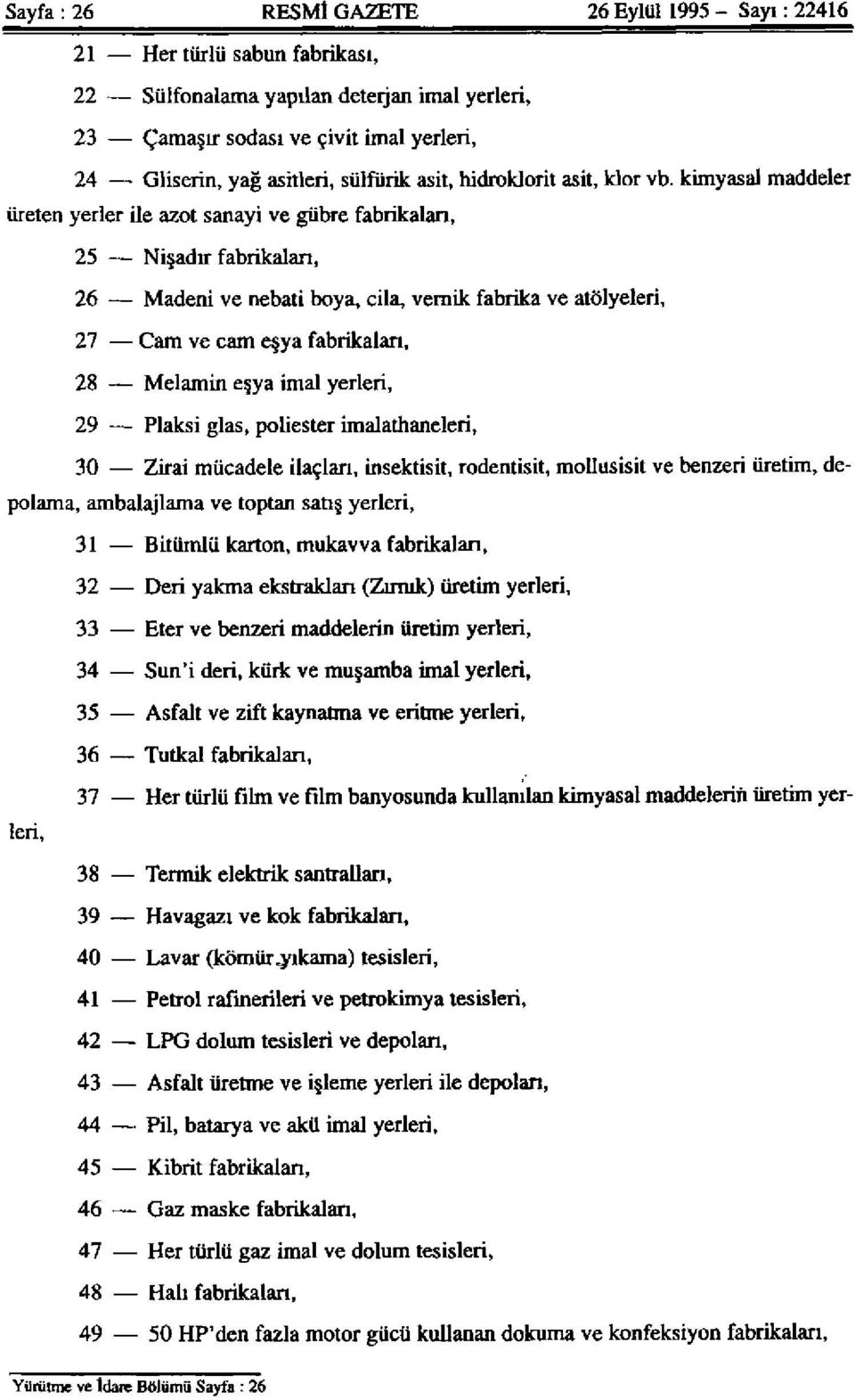 kimyasal maddeler üreten yerler ile azot sanayi ve gübre fabrikaları, 25 Nişadır fabrikaları, 26 Madeni ve nebati boya, cila, vernik fabrika ve atölyeleri, 27 Cam ve cam eşya fabrikaları, 28 Melamin