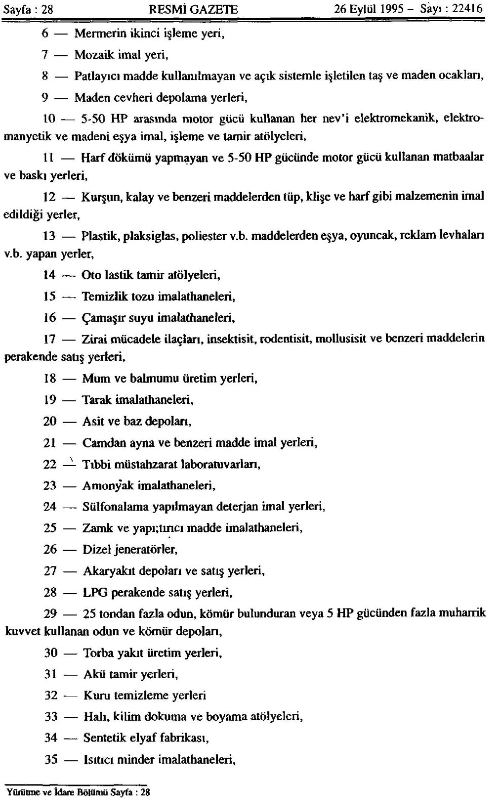 motor gücü kullanan matbaalar ve baskı yerleri, 12 Kurşun, kalay ve benzeri maddelerden tüp, klişe ve harf gibi malzemenin imal edildiği yerler, 13 Plastik, plaksiglas, poliester v.b. maddelerden eşya, oyuncak, reklam levhaları v.