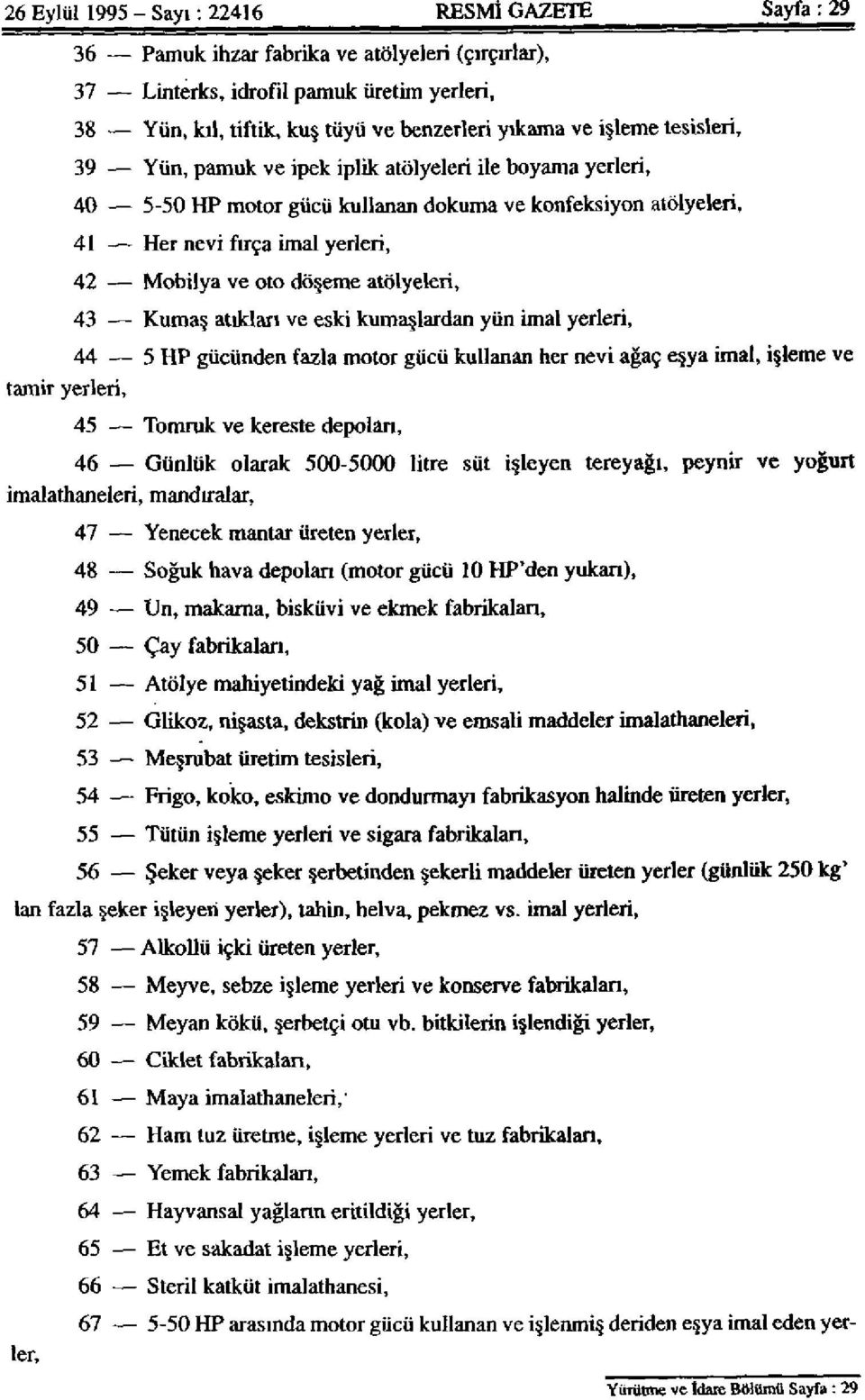 atölyeleri, 43 Kumaş atıkları ve eski kumaşlardan yün imal yerleri, 44 5 HP gücünden fazla motor gücü kullanan her nevi ağaç eşya imal, işleme ve tamir yerleri, 45 Tomruk ve kereste depolan, 46