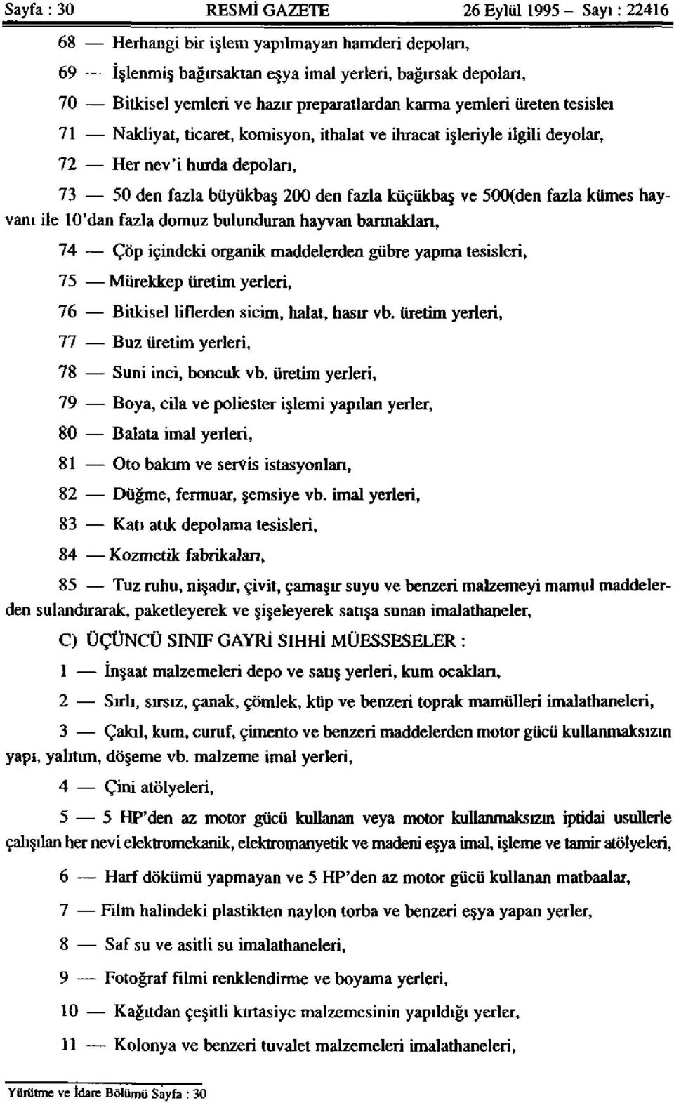 ve 500(den fazla kümes hayvanı ile 10'dan fazla domuz bulunduran hayvan barınakları, 74 Çöp içindeki organik maddelerden gübre yapma tesisleri, 75 Mürekkep üretim yerleri, 76 Bitkisel liflerden