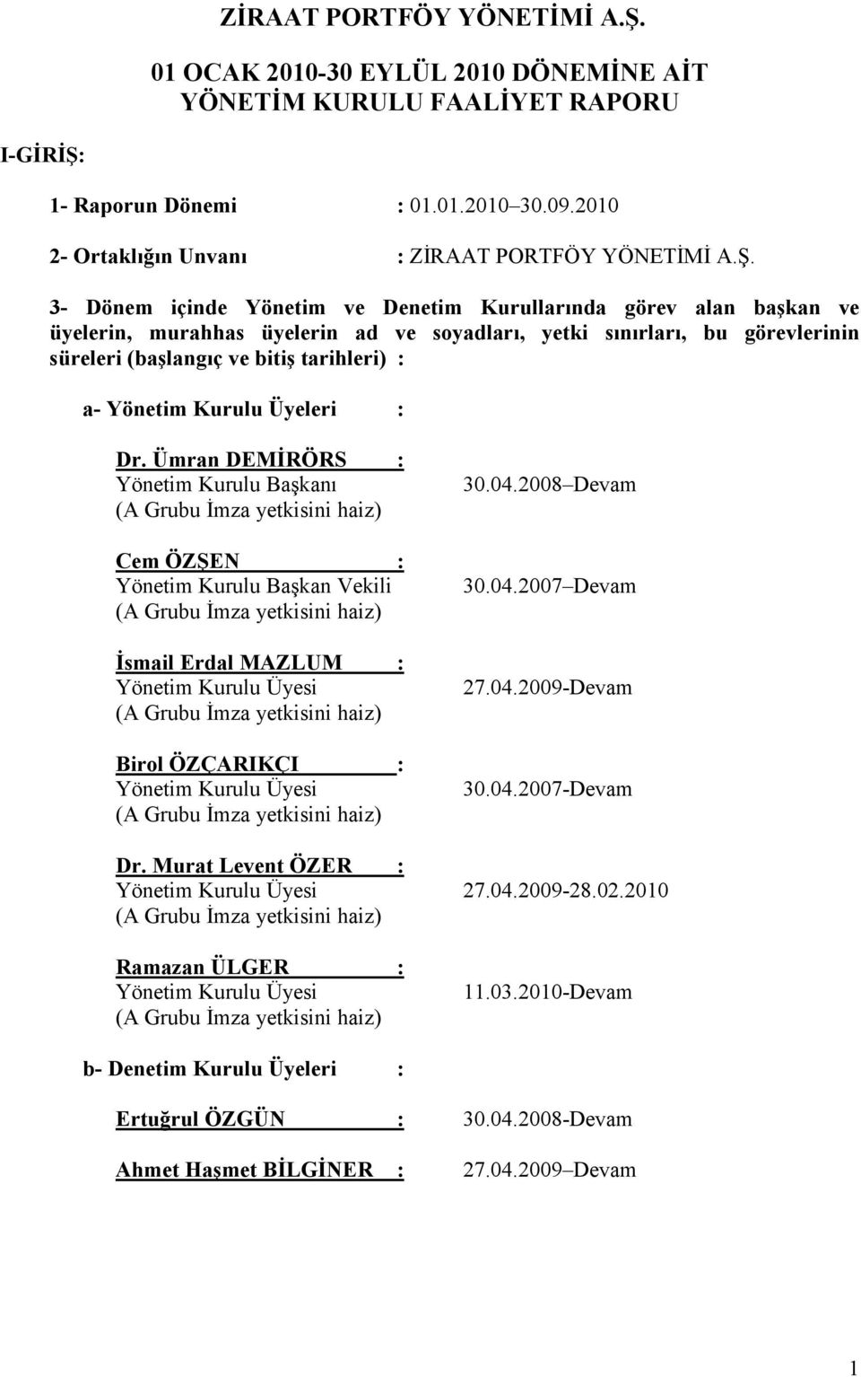 Yönetim Kurulu Üyeleri : Dr. Ümran DEMĐRÖRS : Yönetim Kurulu Başkanı Cem ÖZŞEN : Yönetim Kurulu Başkan Vekili Đsmail Erdal MAZLUM : Yönetim Kurulu Üyesi Birol ÖZÇARIKÇI : Yönetim Kurulu Üyesi 30.04.