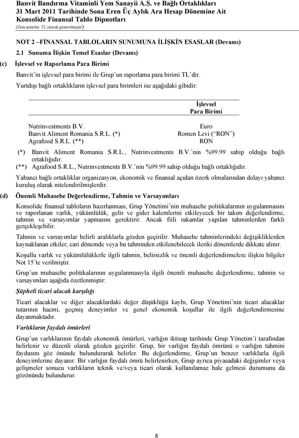 Yurtdışı bağlı ortaklıkların işlevsel para birimleri ise aşağıdaki gibidir: İşlevsel Para Birimi (d) Nutrinvestments B.V. Euro Banvit Aliment Romania S.R.L. (*) Romen Levi ( RON ) Agrafood S.R.L. (**) RON (*) Banvit Aliment Romania S.