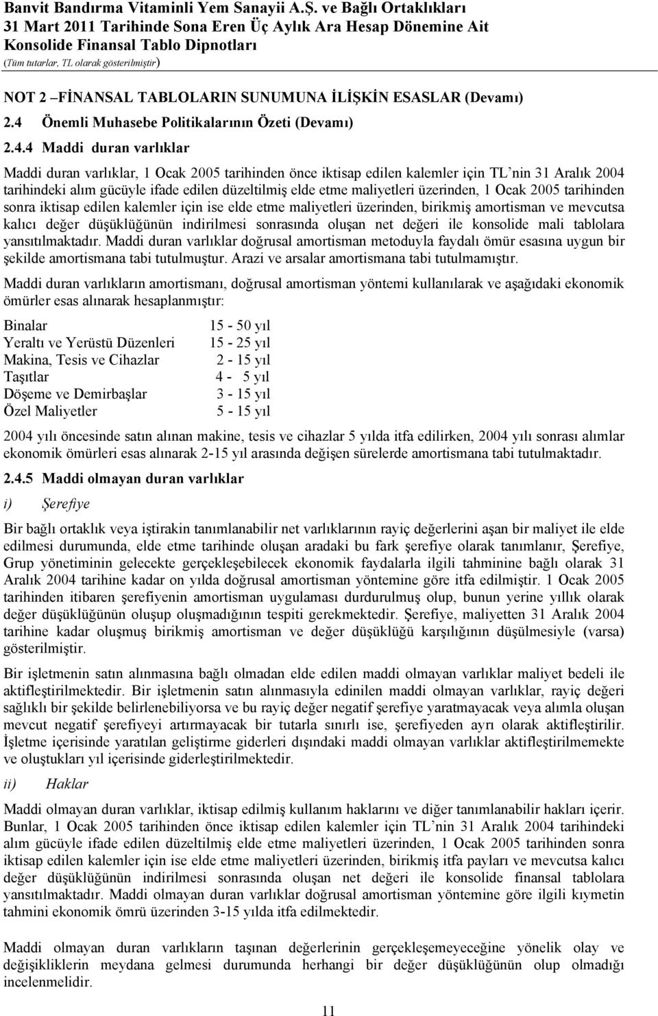 4 Maddi duran varlıklar Maddi duran varlıklar, 1 Ocak 2005 tarihinden önce iktisap edilen kalemler için TL nin 31 Aralık 2004 tarihindeki alım gücüyle ifade edilen düzeltilmiş elde etme maliyetleri