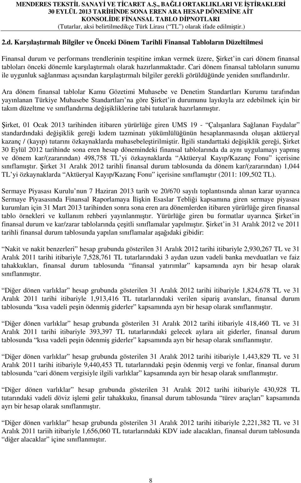 Ara dönem finansal tablolar Kamu Gözetimi Muhasebe ve Denetim Standartları Kurumu tarafından yayınlanan Türkiye Muhasebe Standartları na göre Şirket in durumunu layıkıyla arz edebilmek için bir takım