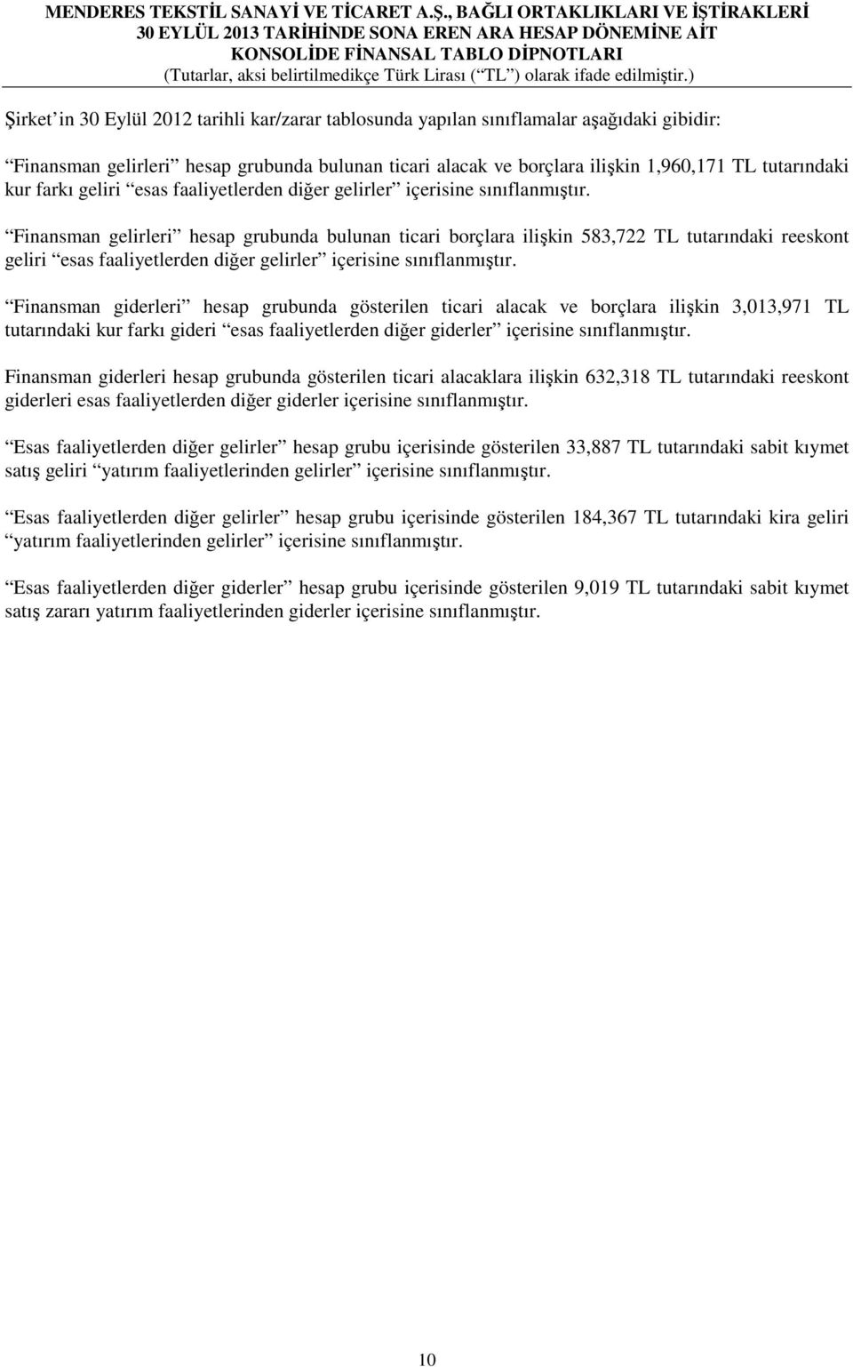 Finansman gelirleri hesap grubunda bulunan ticari borçlara ilişkin 583,722 TL tutarındaki reeskont geliri esas faaliyetlerden diğer gelirler içerisine sınıflanmıştır.