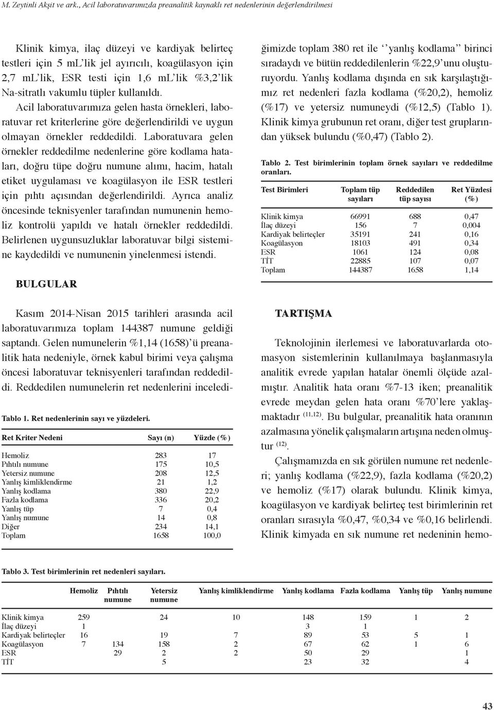 testi için,6 ml lik %3, lik Na-sitratlı vakumlu tüpler kullanıldı. Acil laboratuvarımıza gelen hasta örnekleri, laboratuvar ret kriterlerine göre değerlendirildi ve uygun olmayan örnekler reddedildi.