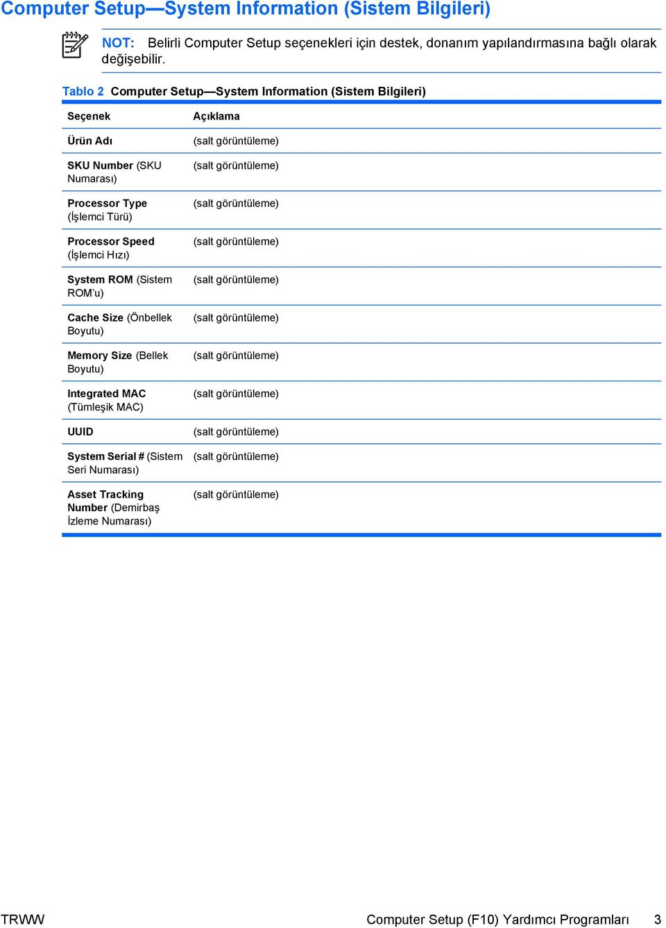 Tablo 2 Computer Setup System Information (Sistem Bilgileri) Seçenek Ürün Adı SKU Number (SKU Numarası) Processor Type (İşlemci Türü) Processor