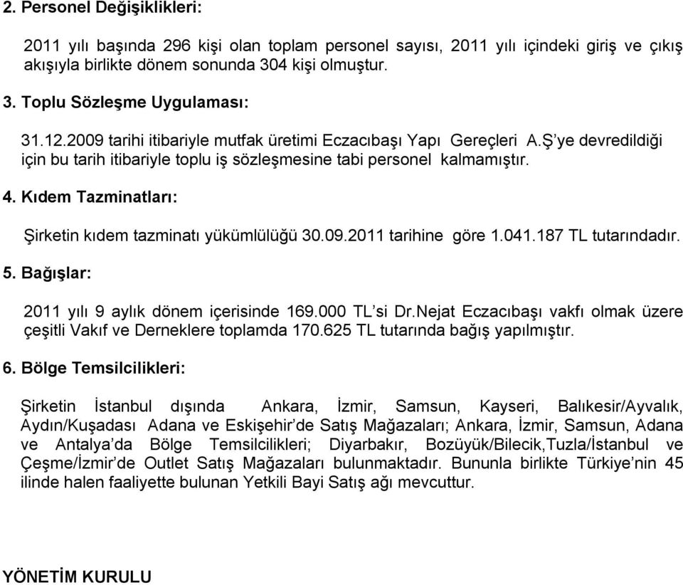 Kıdem Tazminatları: Şirketin kıdem tazminatı yükümlülüğü 30.09.2011 tarihine göre 1.041.187 TL tutarındadır. 5. Bağışlar: 2011 yılı 9 aylık dönem içerisinde 169.000 TL si Dr.