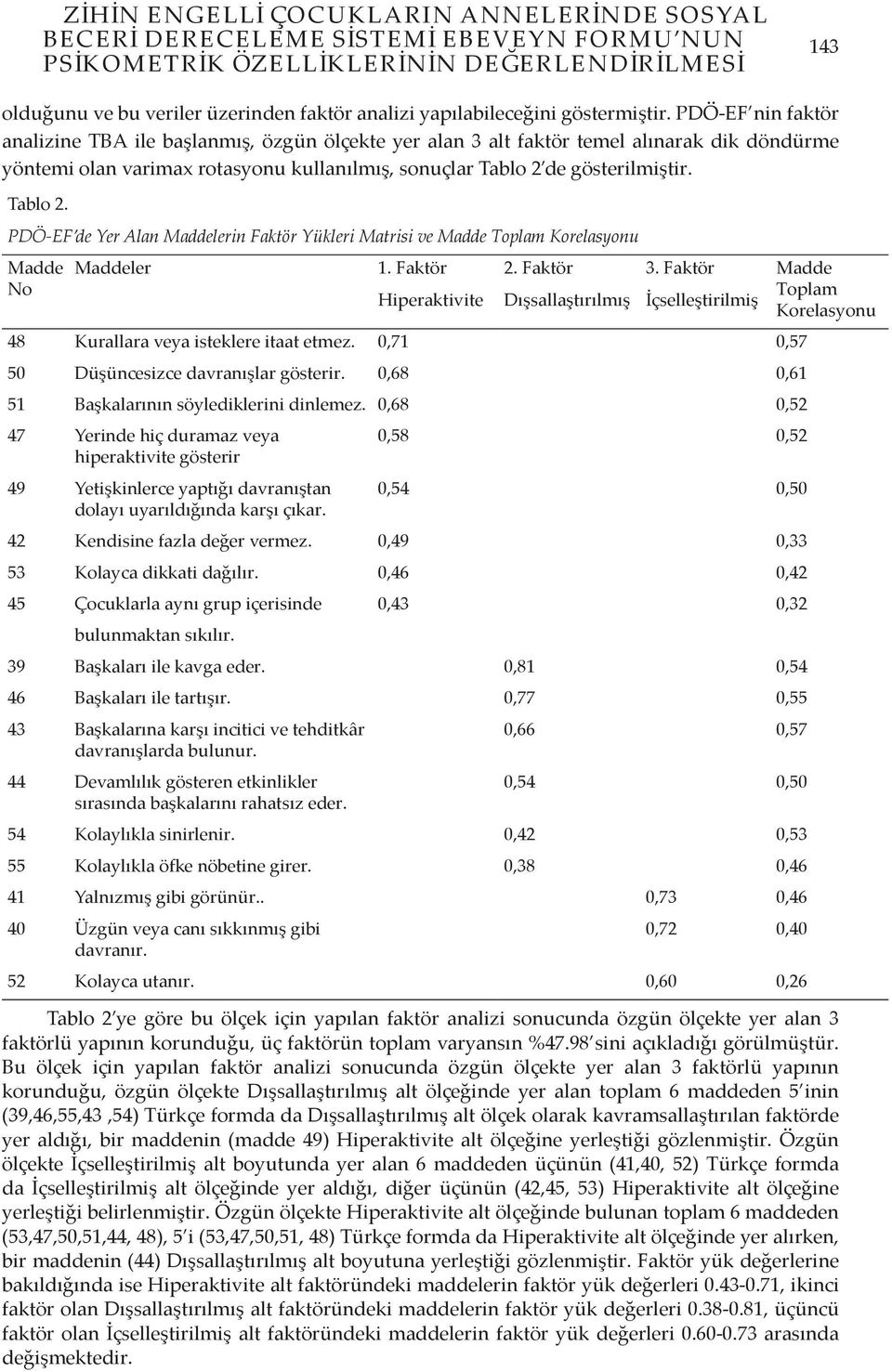 PDÖ-EF nin faktör analizine TBA ile başlanmış, özgün ölçekte yer alan 3 alt faktör temel alınarak dik döndürme yöntemi olan varimax rotasyonu kullanılmış, sonuçlar Tablo 2 