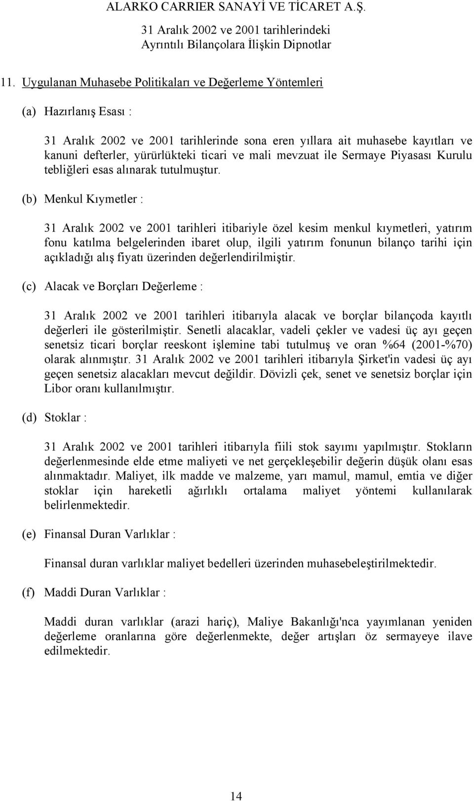 (b) Menkul Kıymetler : 31 Aralık 2002 ve 2001 tarihleri itibariyle özel kesim menkul kıymetleri, yatırım fonu katılma belgelerinden ibaret olup, ilgili yatırım fonunun bilanço tarihi için açıkladığı