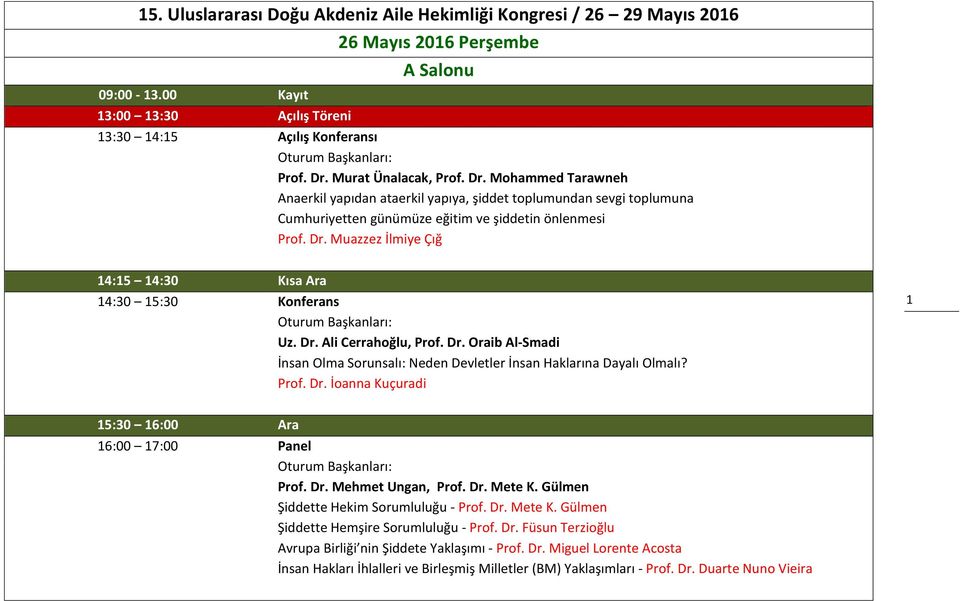 Dr. Ali Cerrahoğlu, Prof. Dr. Oraib Al-Smadi İnsan Olma Sorunsalı: Neden Devletler İnsan Haklarına Dayalı Olmalı? Prof. Dr. İoanna Kuçuradi 1 15:30 16:00 Ara 16:00 17:00 Prof. Dr. Mehmet Ungan, Prof.