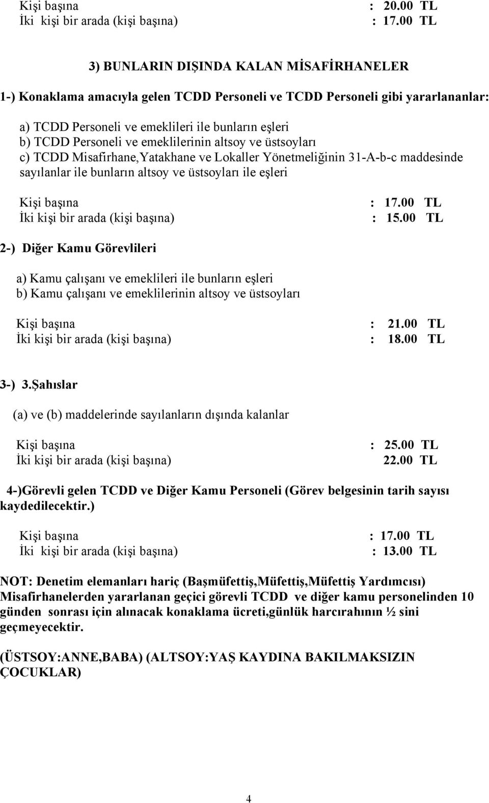 00 TL NOT: Denetim elemanları hariç (Başmüfettiş,Müfettiş,Müfettiş Yardımcısı) Misafirhanelerden yararlanan geçici