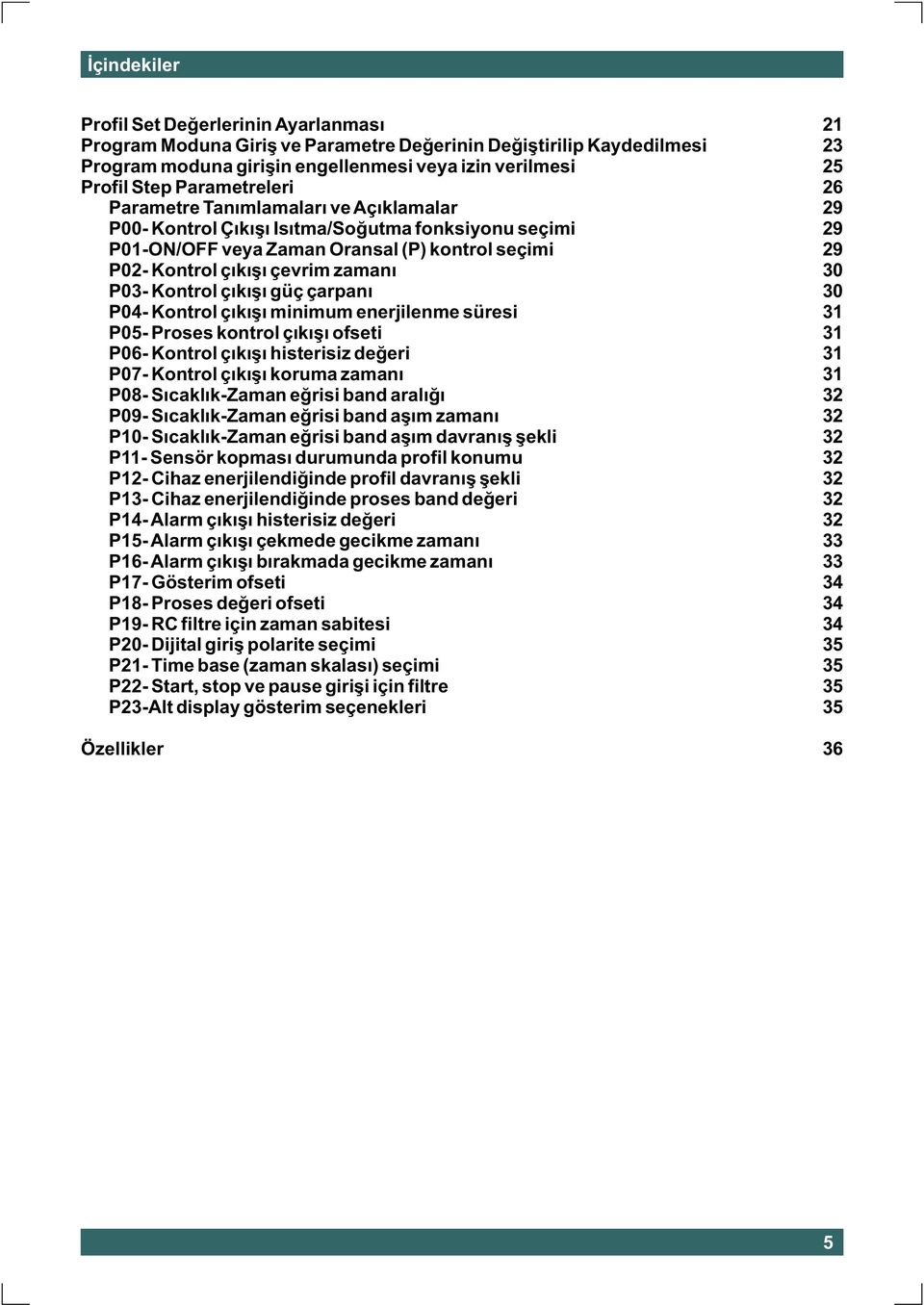 P04- Kontrol çýkýþý minimum enerjilenme süresi P05- Proses kontrol çýkýþý ofseti P06- Kontrol çýkýþý histerisiz deðeri P07- Kontrol çýkýþý koruma zamaný P08- Sýcaklýk-Zaman eðrisi band aralýðý P09-