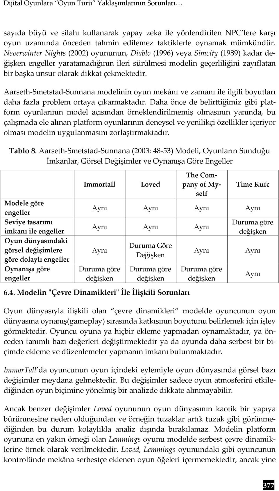 çekmektedir. Aarseth-Smetstad-Sunnana modelinin oyun mekânı ve zamanı ile ilgili boyutları daha fazla problem ortaya çıkarmaktadır.