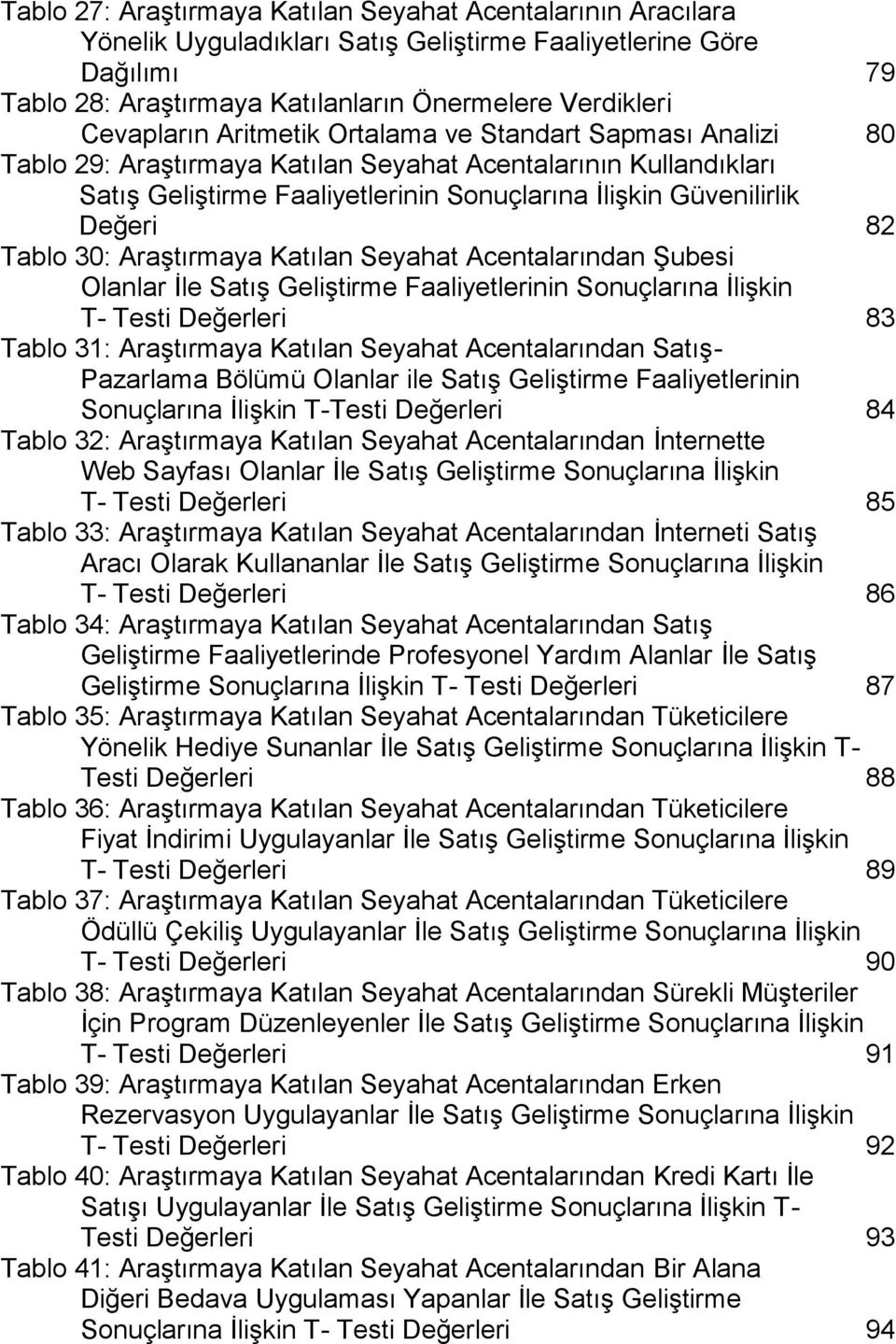 82 Tablo 30: Araştırmaya Katılan Seyahat Acentalarından Şubesi Olanlar İle Satış Geliştirme Faaliyetlerinin Sonuçlarına İlişkin T- Testi Değerleri 83 Tablo 31: Araştırmaya Katılan Seyahat