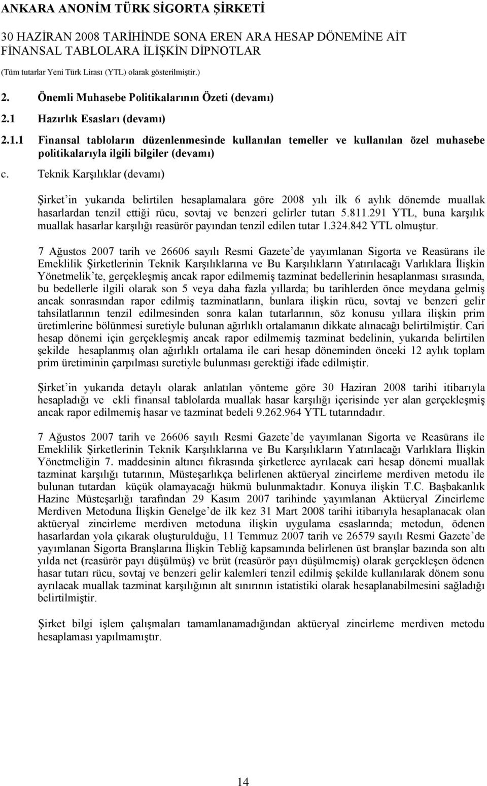 291 YTL, buna karşılık muallak hasarlar karşılığı reasürör payından tenzil edilen tutar 1.324.842 YTL olmuştur.