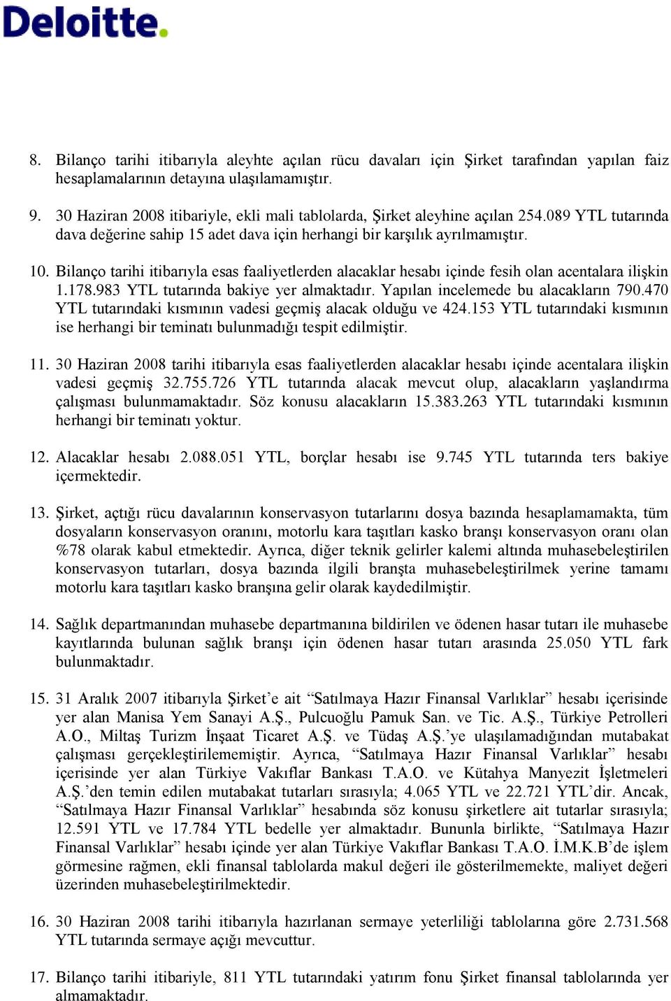 Bilanço tarihi itibarıyla esas faaliyetlerden alacaklar hesabı içinde fesih olan acentalara iliģkin 1.178.983 YTL tutarında bakiye yer almaktadır. Yapılan incelemede bu alacakların 790.