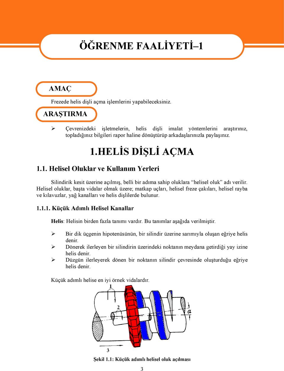 HELİS DİŞLİ AÇMA 1.1. Helisel Oluklar ve Kullanım Yerleri Silindirik kesit üzerine açılmış, belli bir adıma sahip oluklara helisel oluk adı verilir.