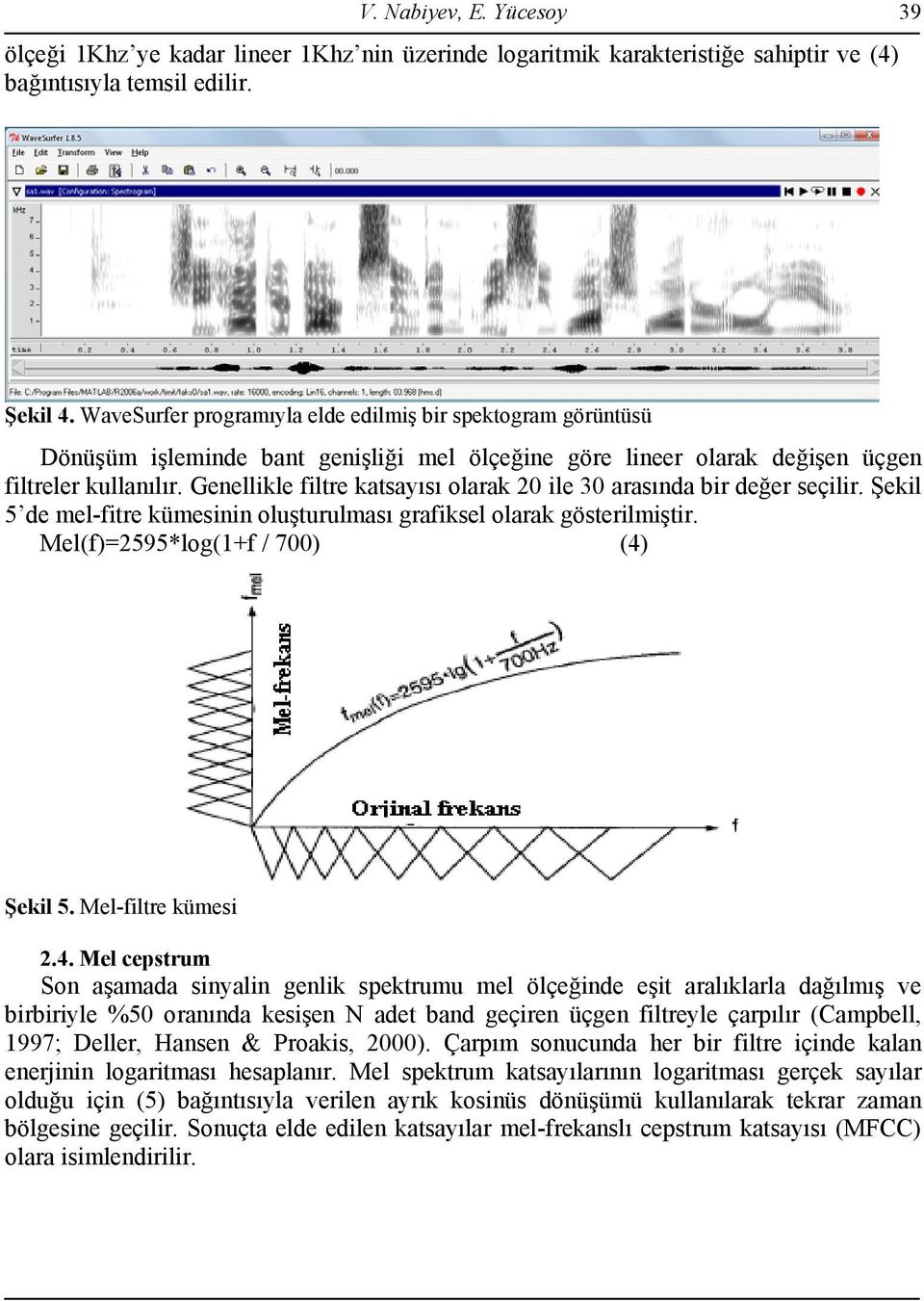 Genellikle filtre katsayısı olarak 20 ile 30 arasında bir değer seçilir. Şekil 5 de mel-fitre kümesinin oluşturulması grafiksel olarak gösterilmiştir. Mel(f)=2595*log(1+f / 700) (4) Şekil 5.