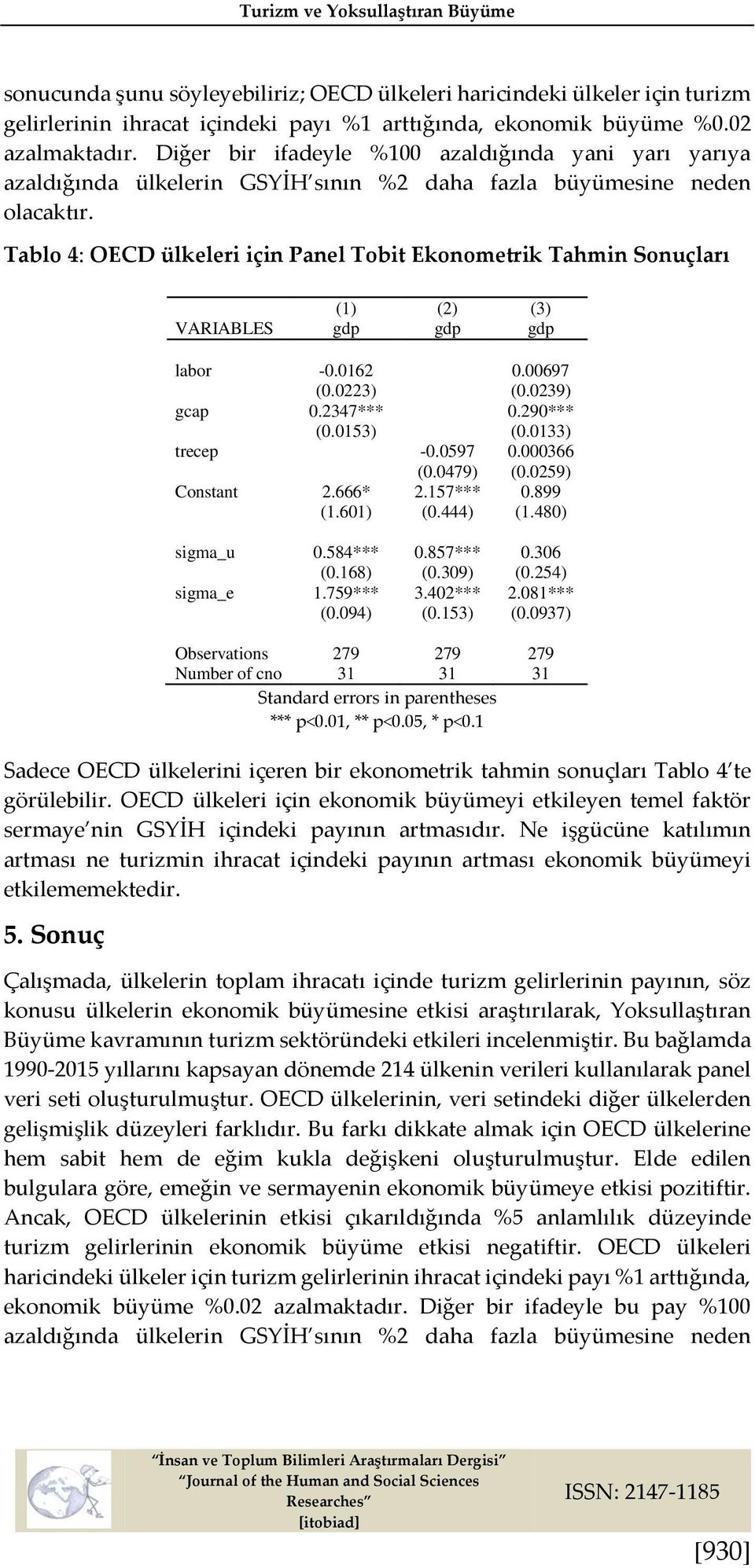 Tablo 4: OECD ülkeleri için Panel Tobit Ekonometrik Tahmin Sonuçları (1) (2) (3) VARIABLES gdp gdp gdp labor -0.0162 0.00697 (0.0223) (0.0239) gcap 0.2347*** 0.290*** (0.0153) (0.0133) trecep -0.