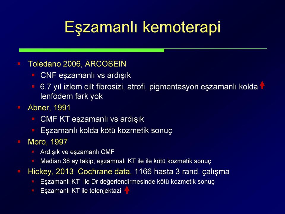 ardışık Eşzamanlı kolda kötü kozmetik sonuç Moro, 1997 Ardışık ve eşzamanlı CMF Median 38 ay takip, eşzamnalı KT ile