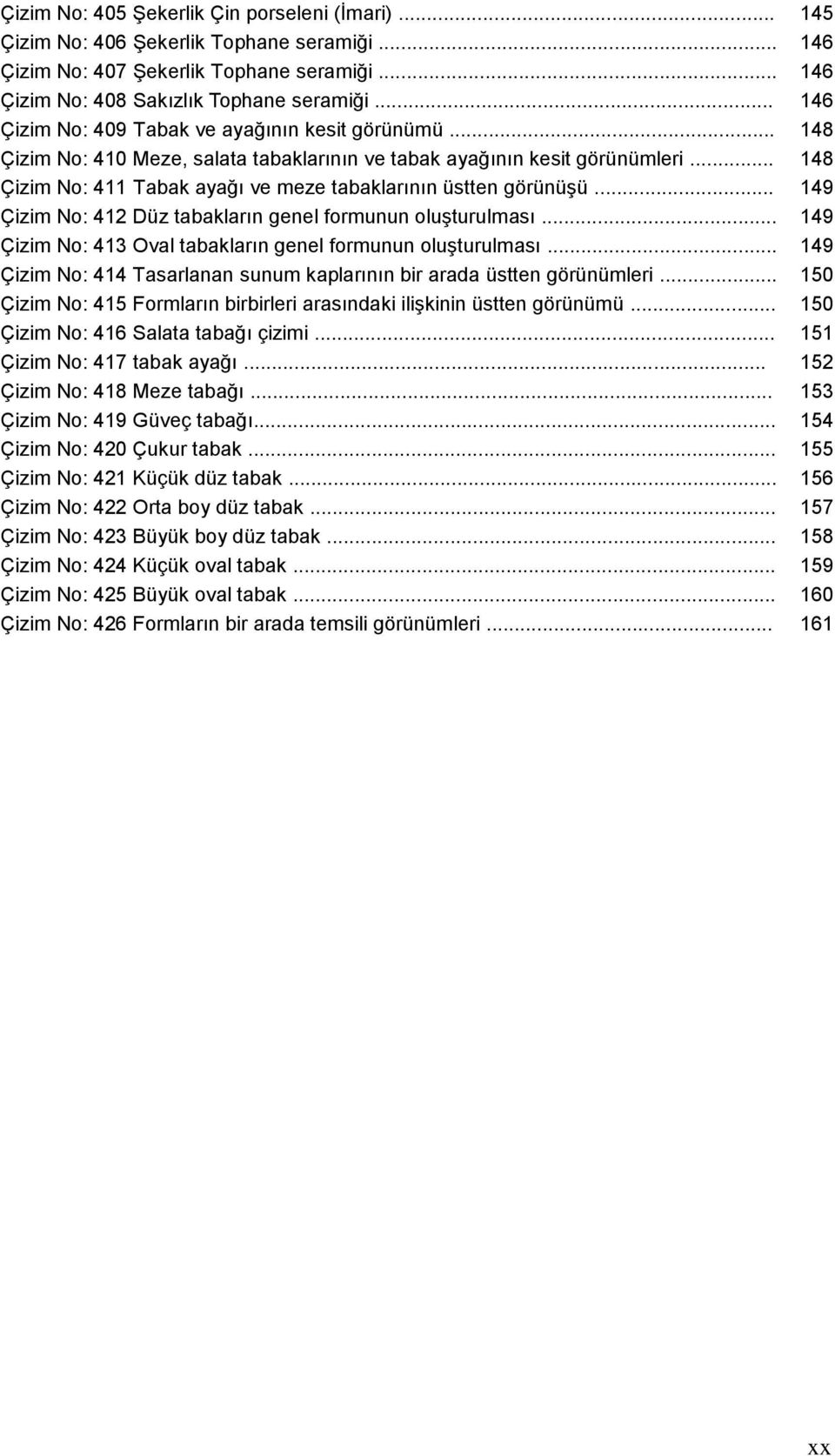 .. Çizim No: 412 Düz tabakların genel formunun oluģturulması... Çizim No: 413 Oval tabakların genel formunun oluģturulması... Çizim No: 414 Tasarlanan sunum kaplarının bir arada üstten görünümleri.