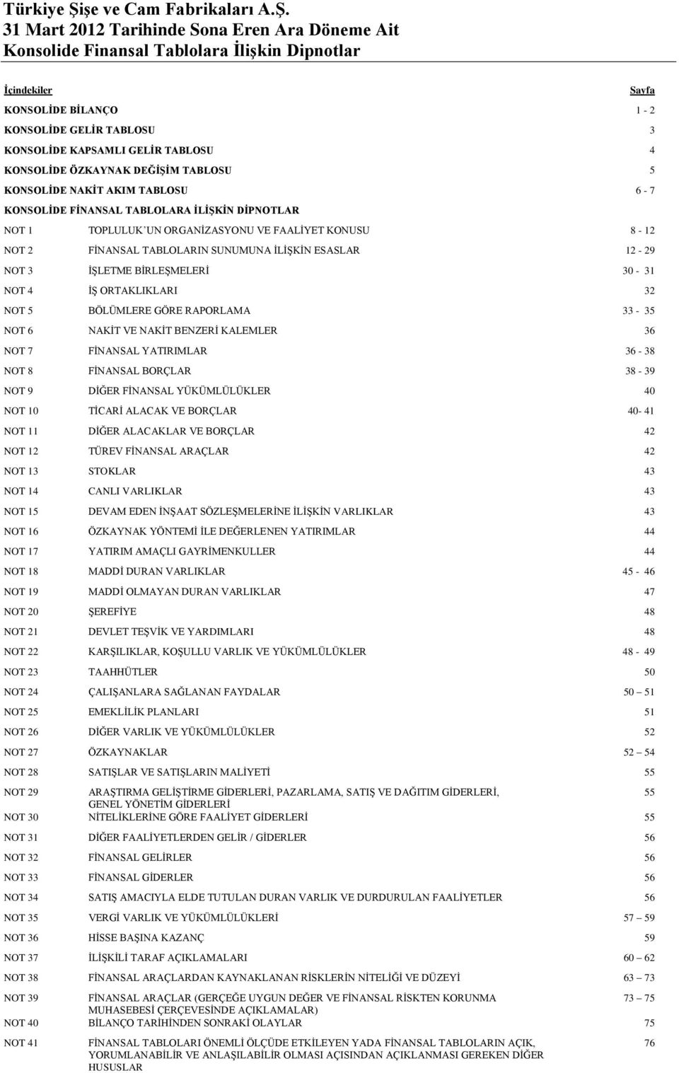 İŞ ORTAKLIKLARI 32 NOT 5 BÖLÜMLERE GÖRE RAPORLAMA 33-35 NOT 6 NAKİT VE NAKİT BENZERİ KALEMLER 36 NOT 7 FİNANSAL YATIRIMLAR 36-38 NOT 8 FİNANSAL BORÇLAR 38-39 NOT 9 DİĞER FİNANSAL YÜKÜMLÜLÜKLER 40 NOT