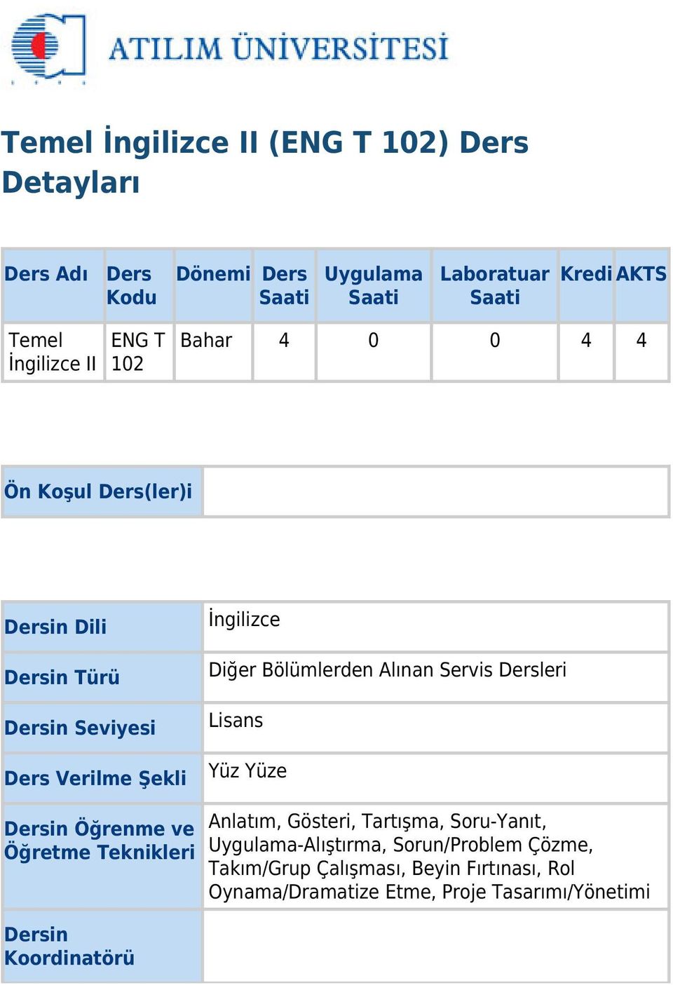 Bölümlerden Alınan Servis Dersleri Lisans Yüz Yüze Dersin Öğrenme ve Öğretme Teknikleri Dersin Koordinatörü Anlatım, Gösteri, Tartışma,