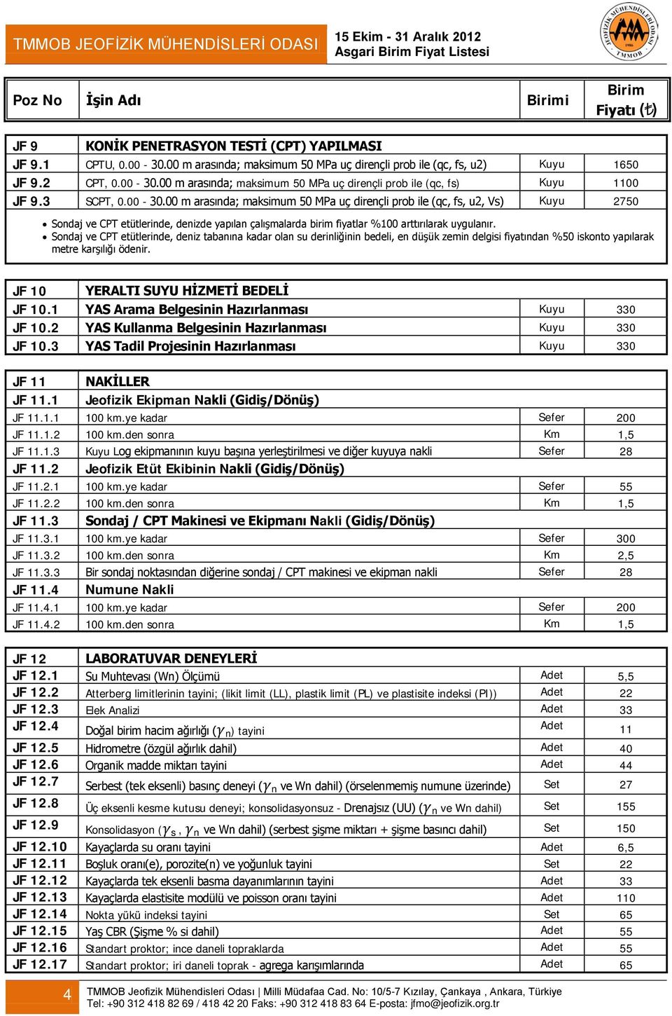 Sondaj ve CPT etütlerinde, deniz tabanına kadar olan su derinliğinin bedeli, en düşük zemin delgisi fiyatından %50 iskonto yapılarak metre karşılığı ödenir. JF 10 YERALTI SUYU HİZMETİ BEDELİ JF 10.